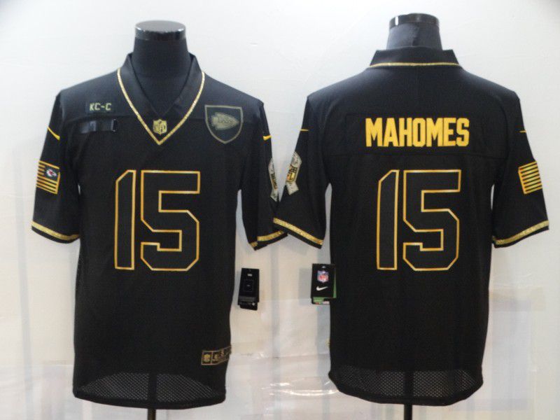 Men Kansas City Chiefs #15 Mahomes Black Retro Gold Lettering 2020 Nike NFL Jersey